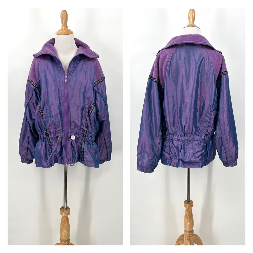 VINTAGE OUTBROOK 80s Windbreaker Jacket Women M Metallic Purple Blue Cinch Waist